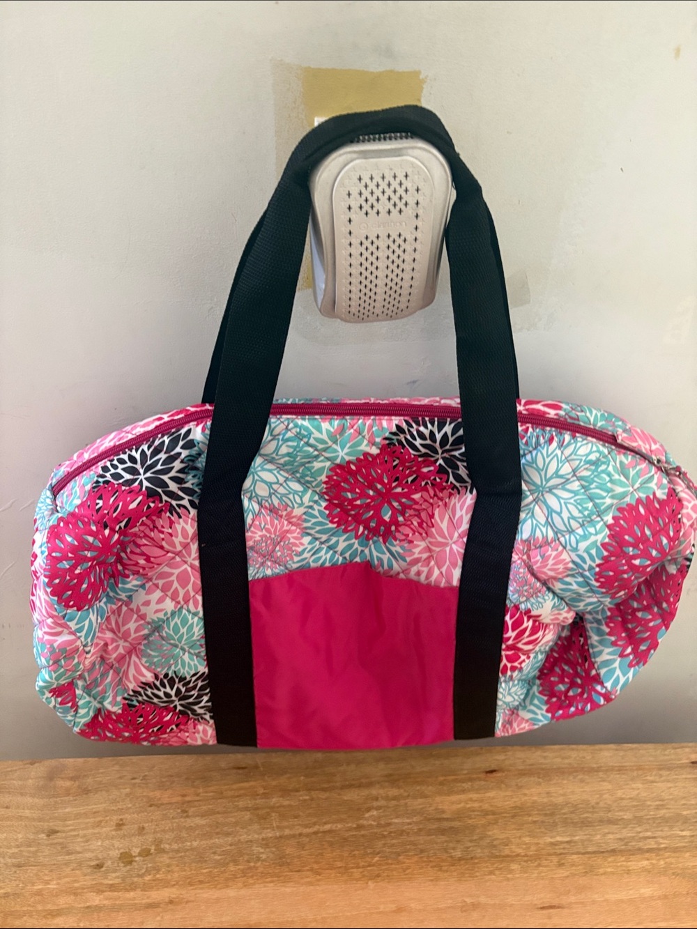 Floral Pink Travel Tote Bag with Black Straps
